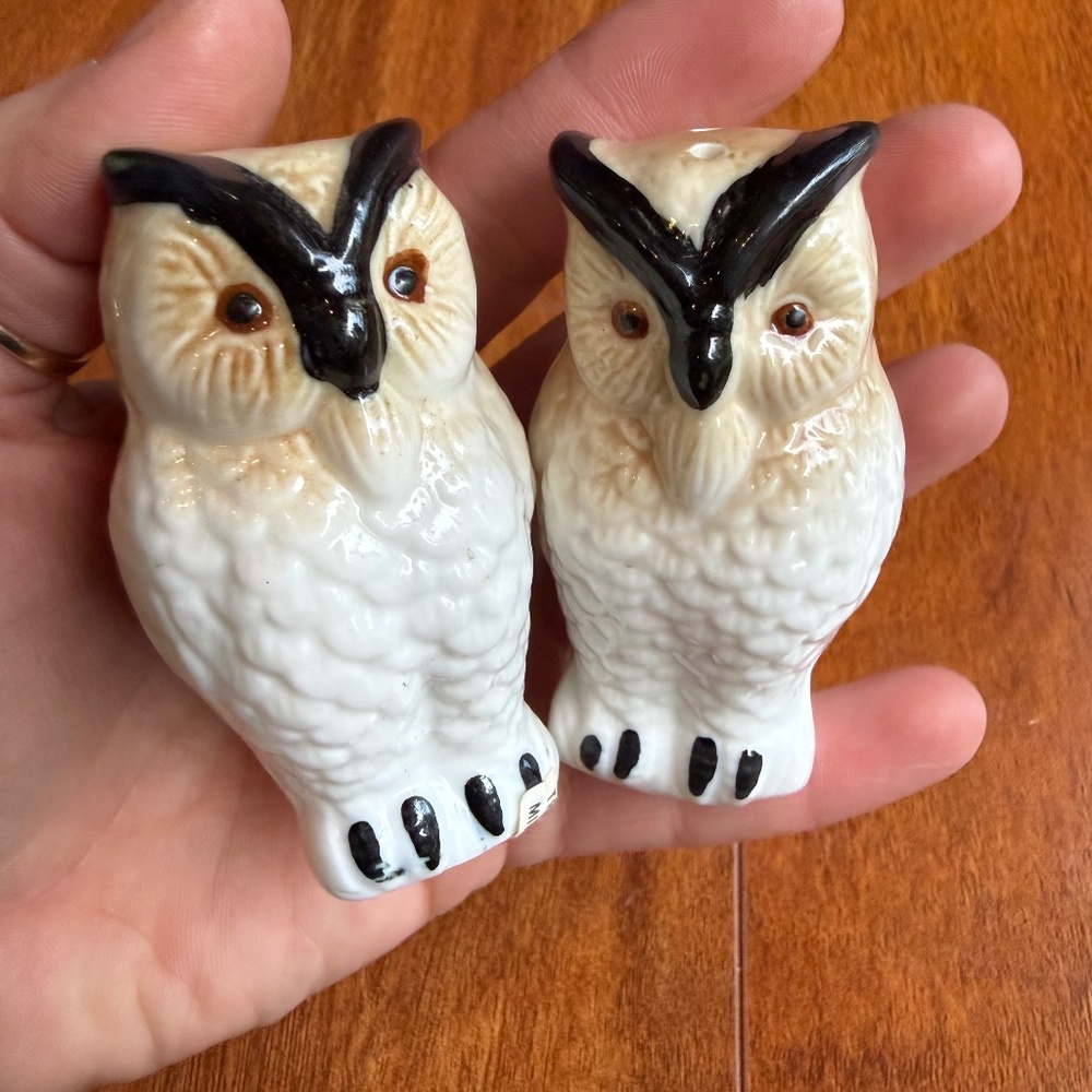 VTG Mid Century Owl Salt & Pepper Shakers original Label Ceramic Unused Taiwan.
